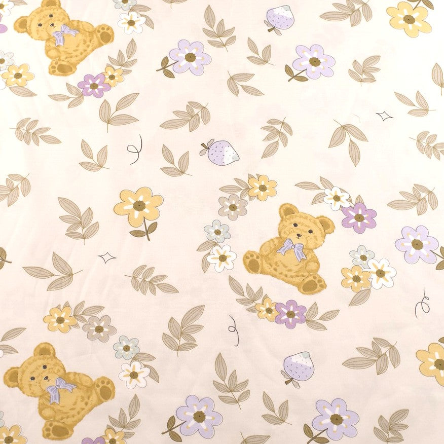 PERCAL INFANTIL BLANCO BRILLANTE CON OSITOS Y FLORES