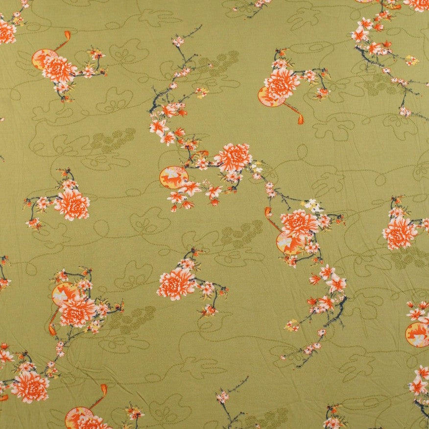 PIEL DE DURAZNO ESTAMPADO VERDE ACEITUNA CON FLORES