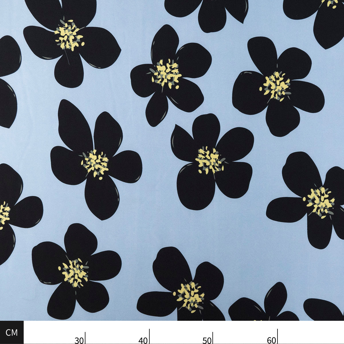 GASA SATINADA ESTAMPADA AZUL BELL CON FLORES EN NEGRO