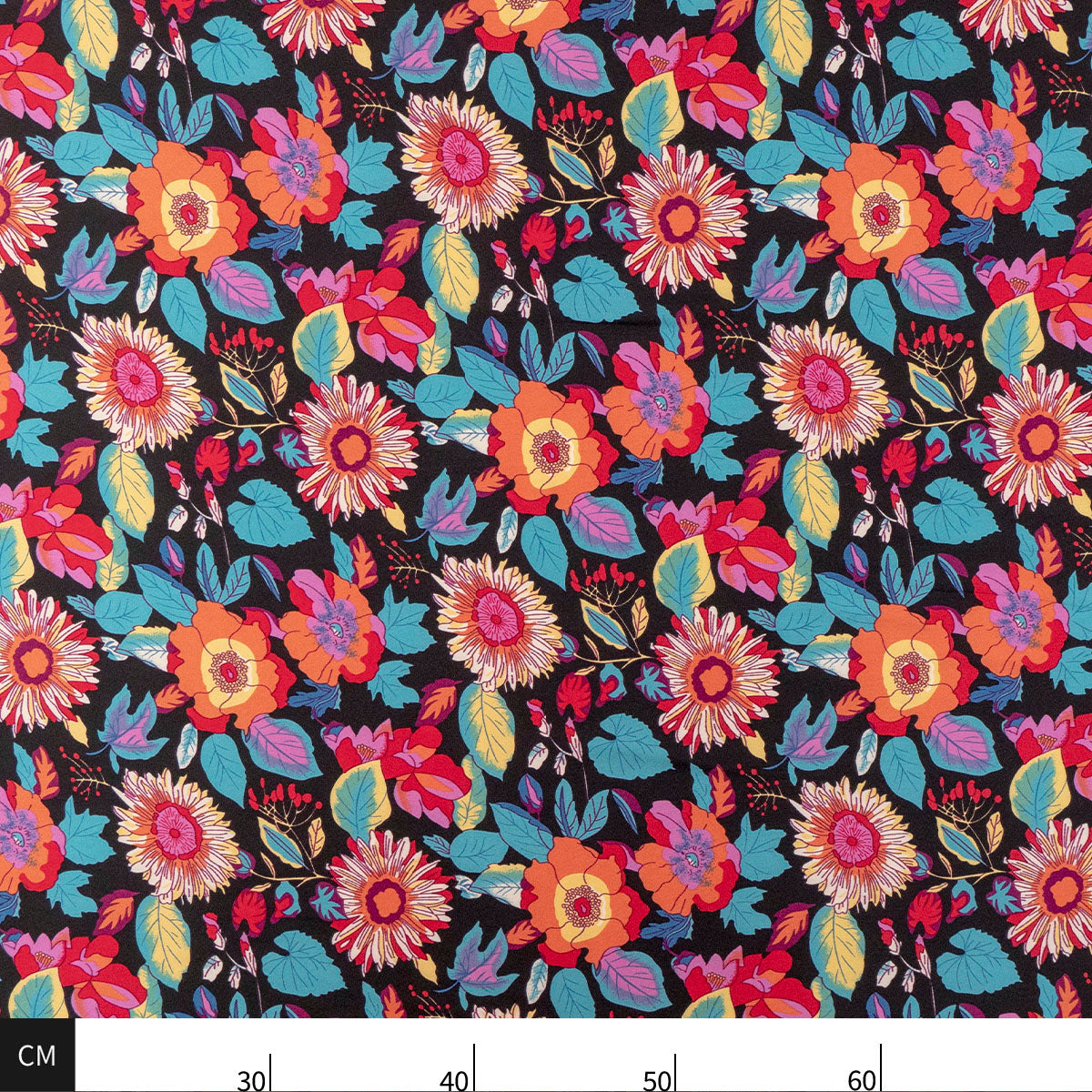 GASA SATINADA ESTAMPADA NEGRO METEORITO FLORES DE COLORES