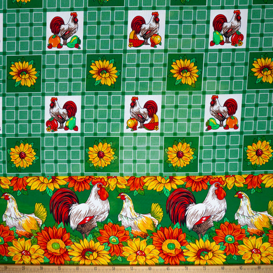 MANTELERIA ESTAMPADO VERDE FRIJOL CON FLORES Y GALLINAS