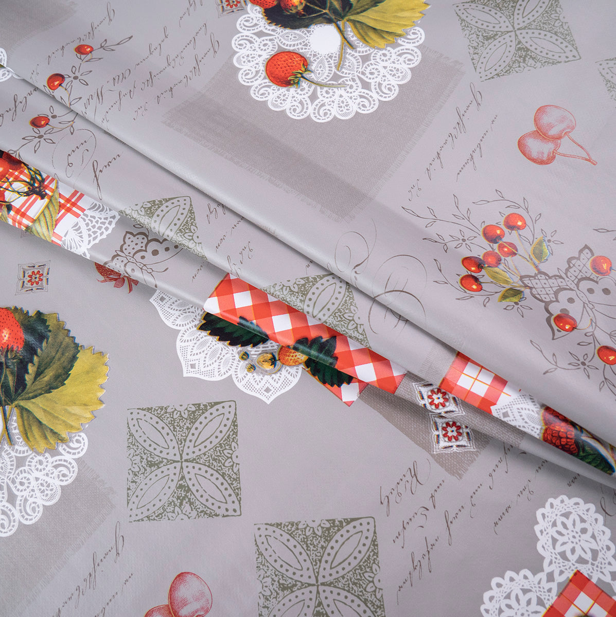 PVC DOBLE ESTAMPADO GRIS CONEJO CON CEREZAS
