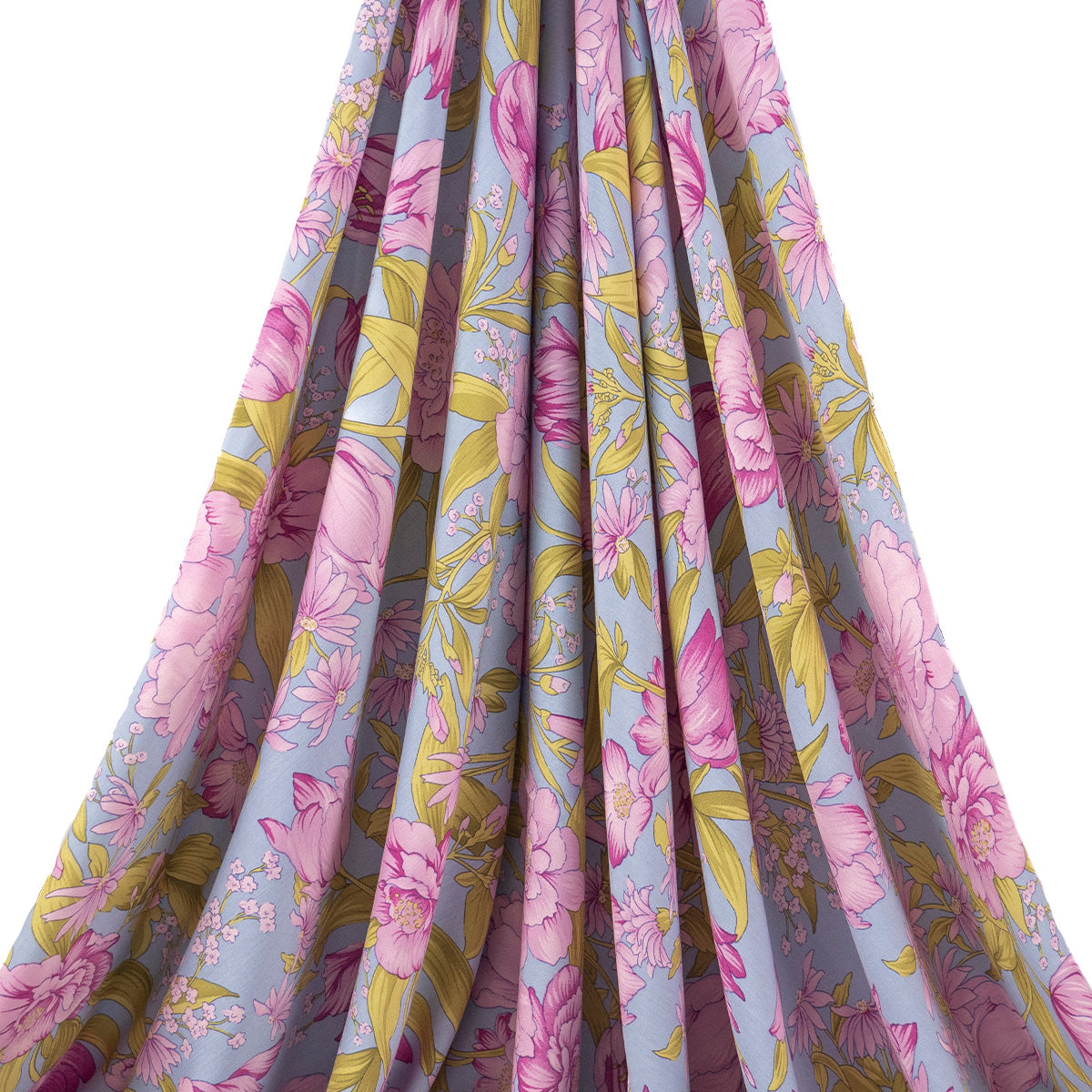 FIBRANA ESTAMPADA CELESTE FLORES ROSADAS Y HOJAS