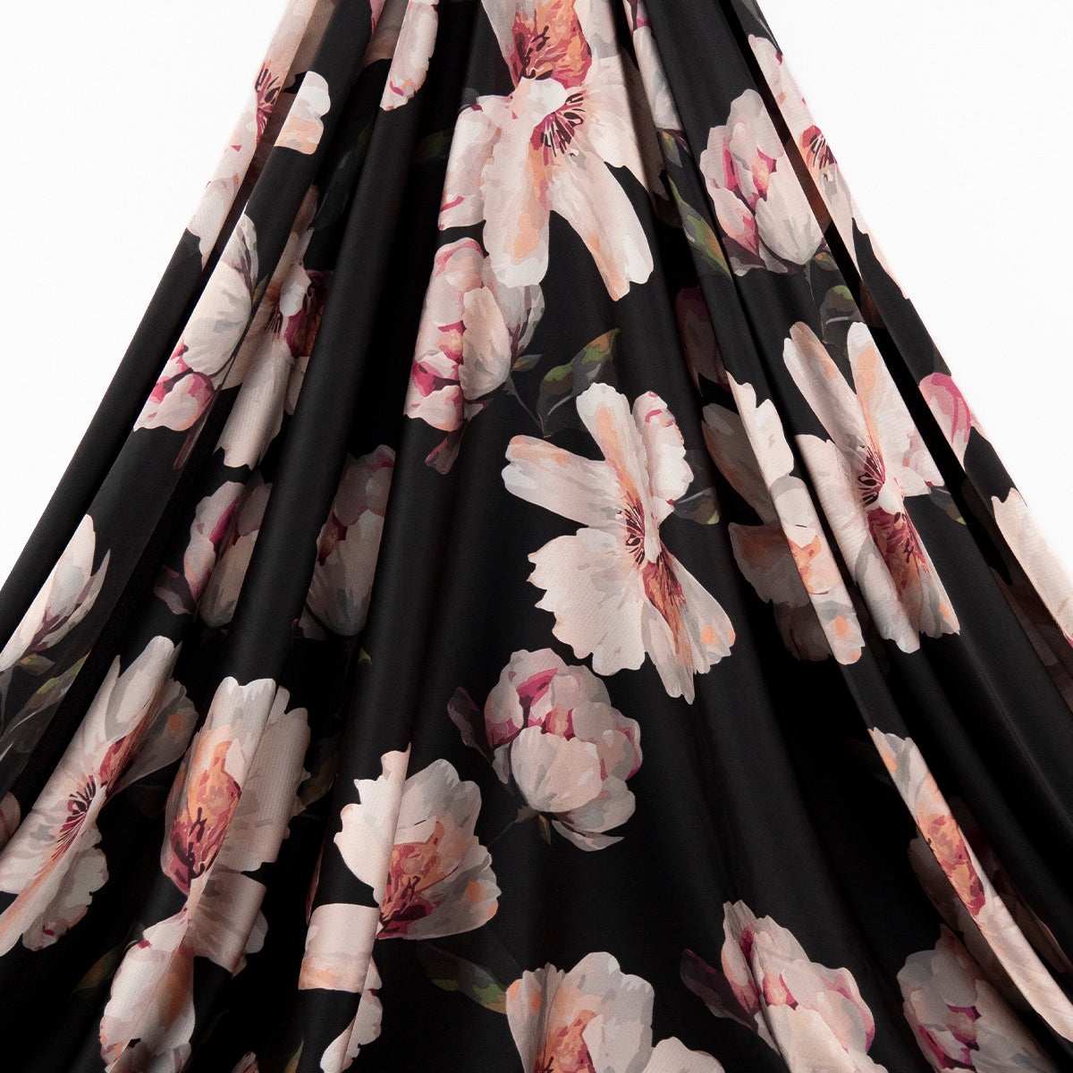 GASA SATINADA ESTAMPADA NEGRO METEORITO CON FLORES GRANDES