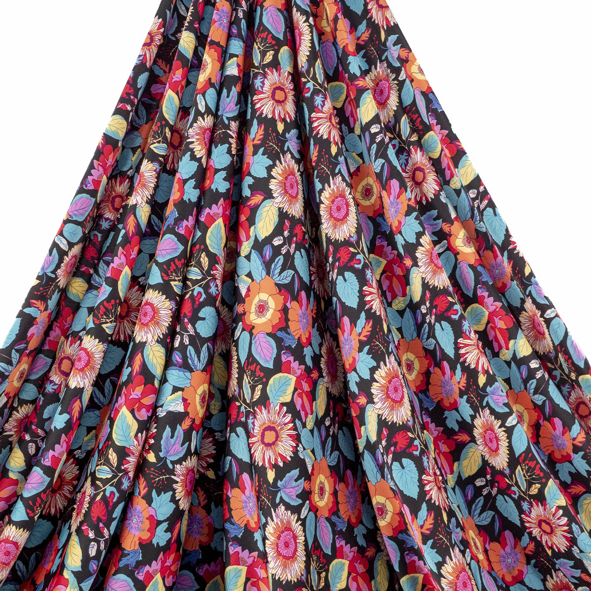 GASA SATINADA ESTAMPADA NEGRO METEORITO FLORES DE COLORES
