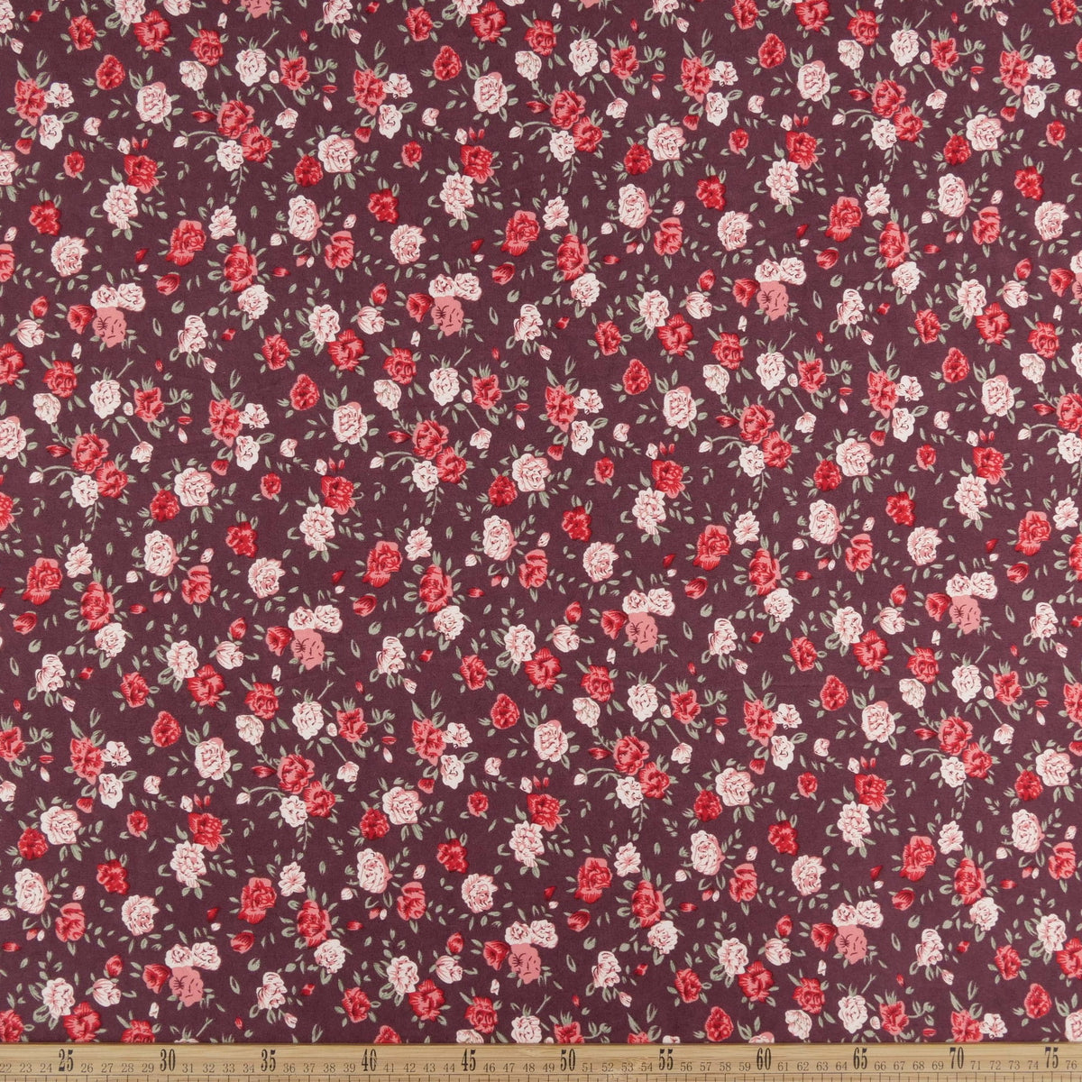 PIEL DE DURAZNO ESTAMPADO BORDO VINO WINDSOR CON ROSAS ROSAS Y ROJAS