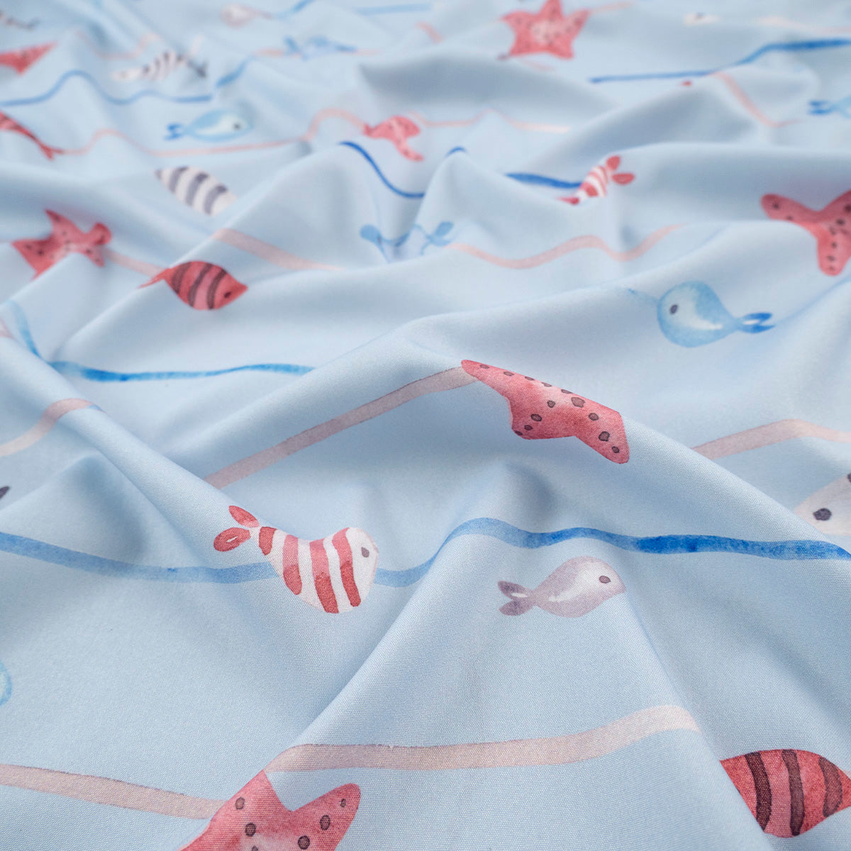 MICROFIBRA SPANDEX ESTAMPADO AZUL VISTA PECES Y ESTRELLAS DEL MAR