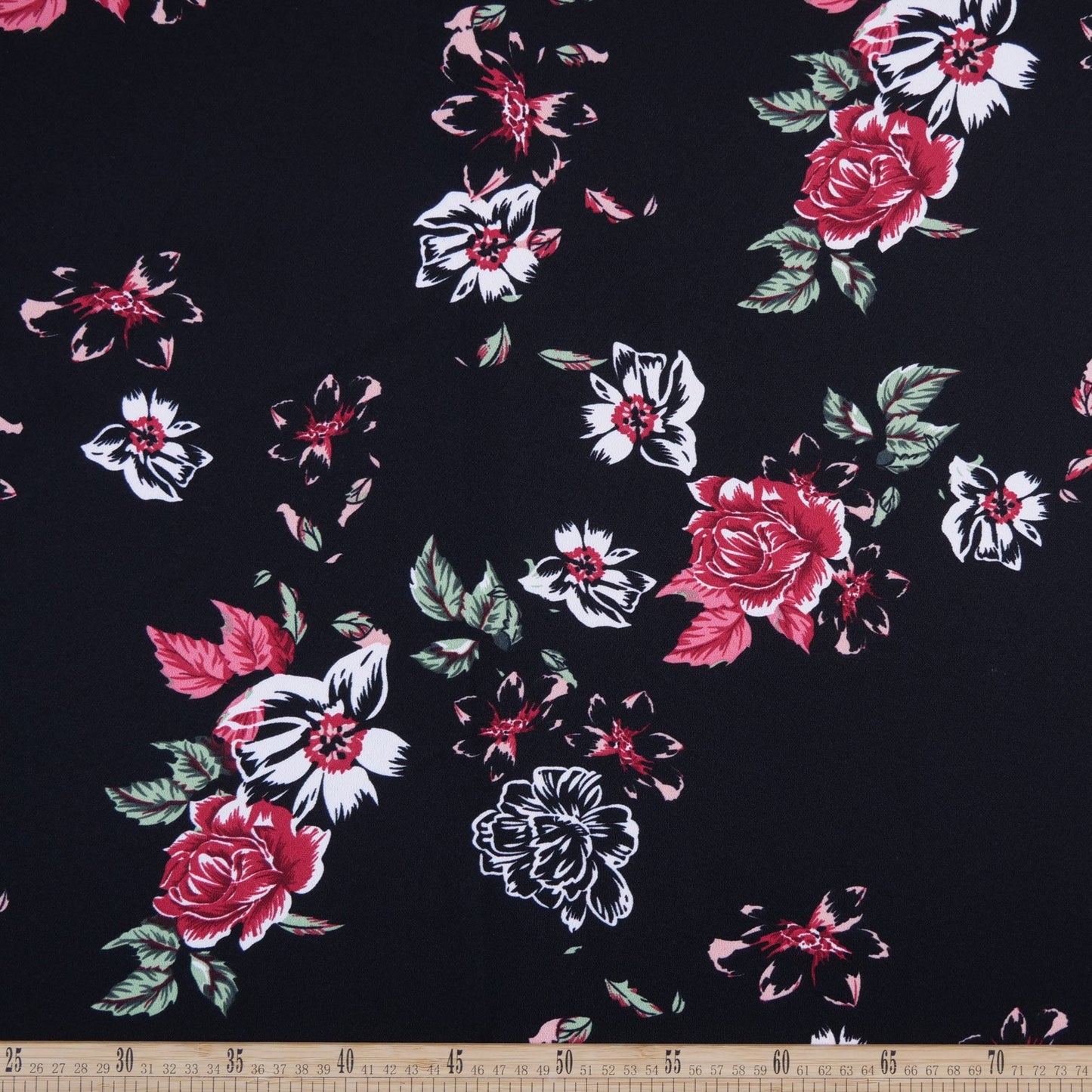 CREPE BOUCLE ESTAMPADO NEGRO METEORITO FLORAL ROSA Y BLANCA