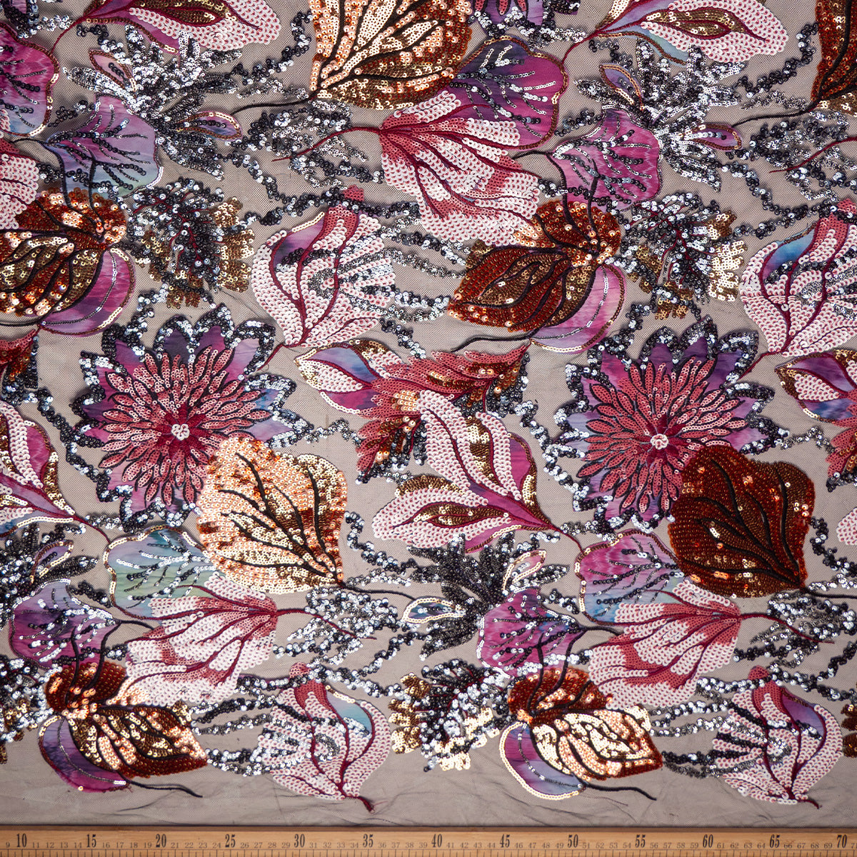 TUL PRADA NEGRO METEORITO FLORAL CON LENTEJUELAS MULTICOLOR