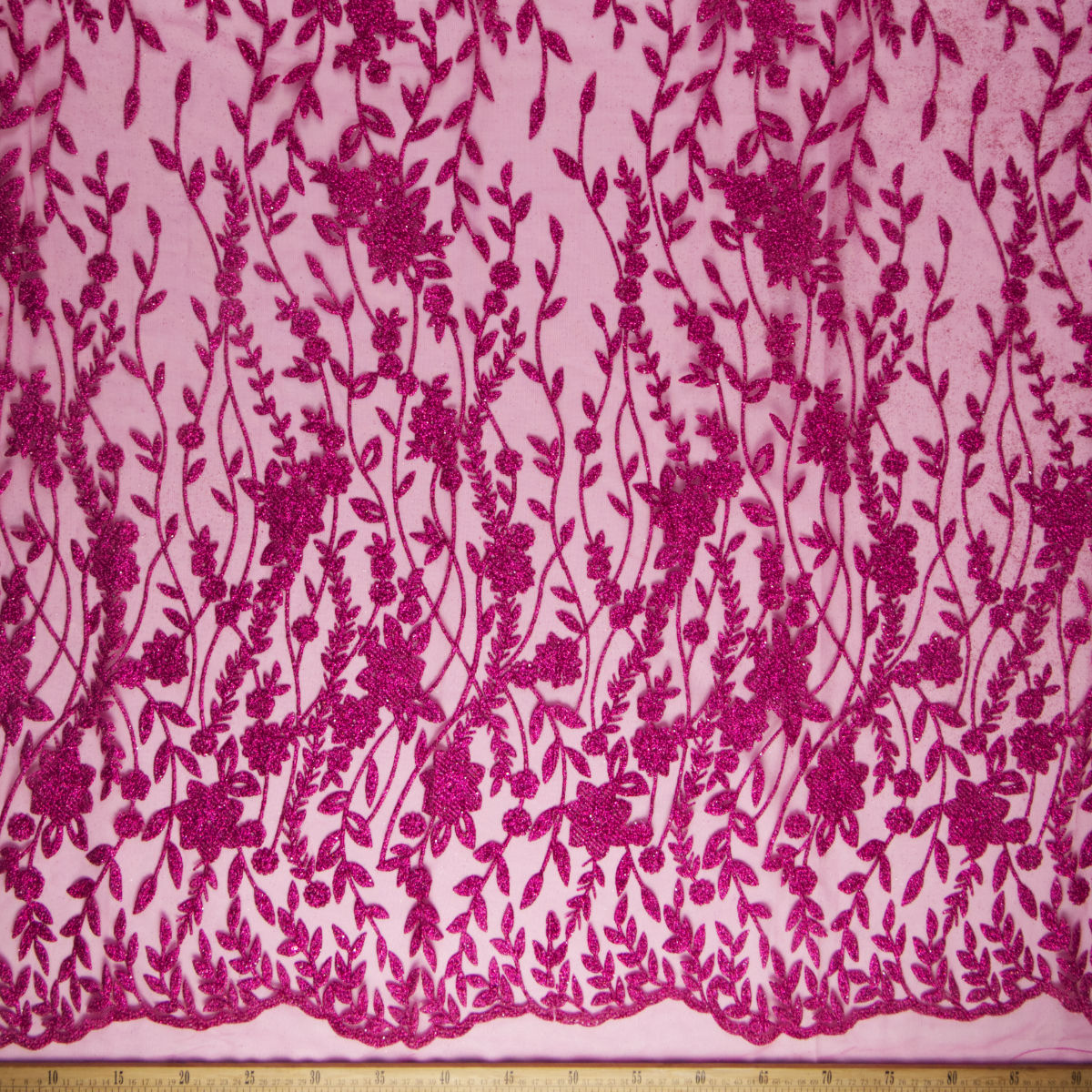 TUL LOLA FUCSIA REMOLACHA GLITTER HOJAS Y FLORES