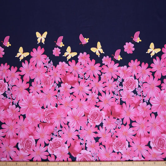 MICRO FOURWAY ESTAMPADO AZUL PEACOAT CON FLORES ROSADAS Y MARIPOSAS
