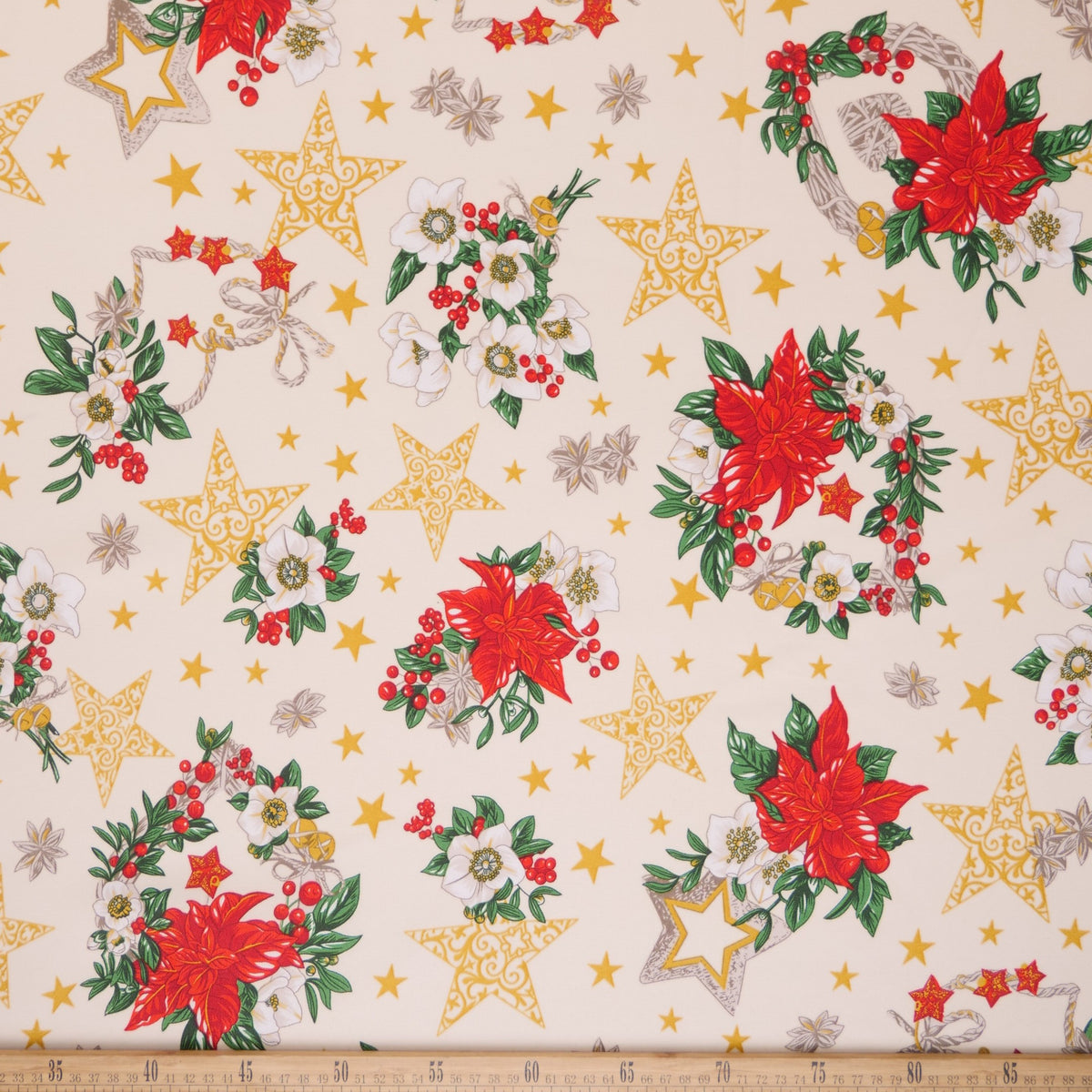 MANTELERIA NAVIDAD BLANCO PAPIRO CON CORONA FLORAL Y ESTRELLAS