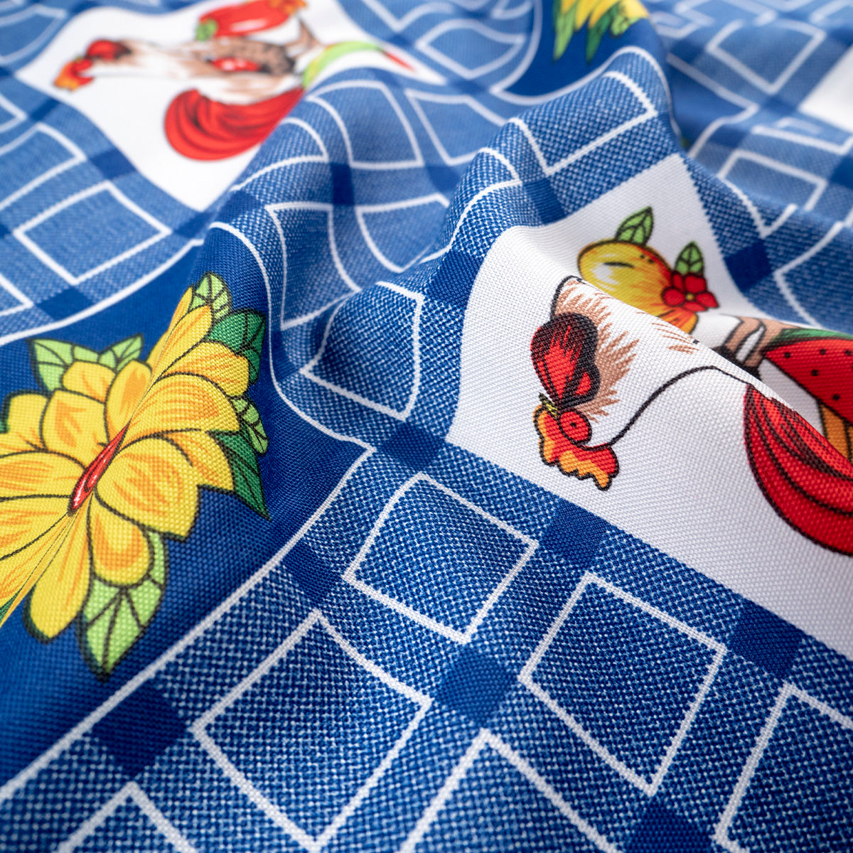 MANTELERIA ESTAMPADA AZUL SURF GALLINAS Y GIRASOLES