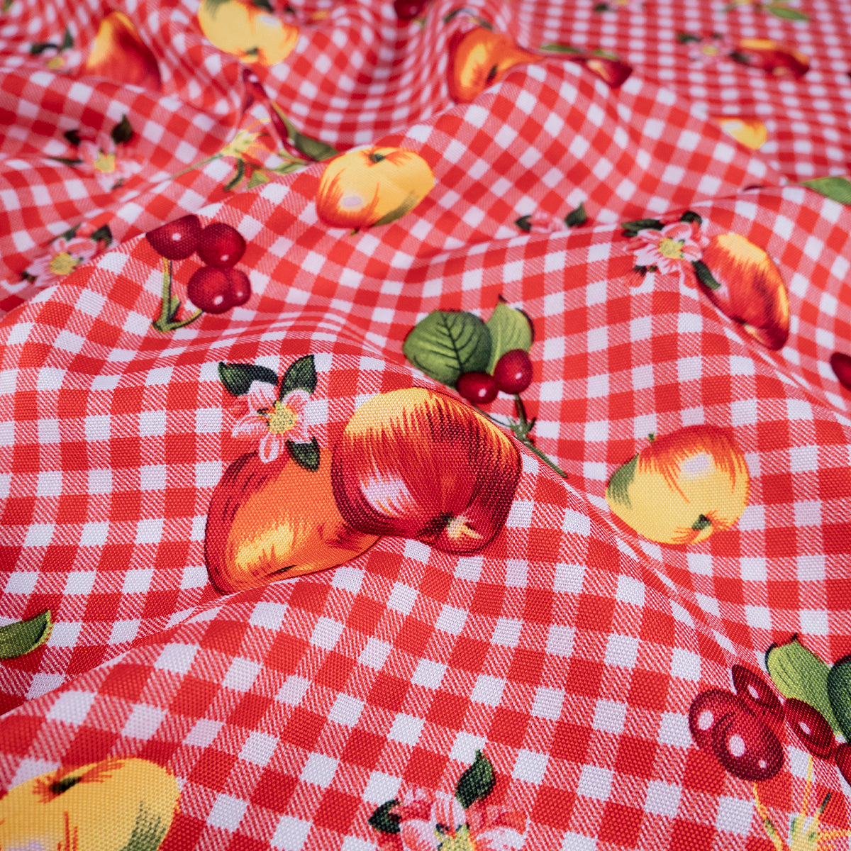 MANTELERIA ESTAMPADA ROJO CARMESI CUADRILLÉ CON FRUTAS