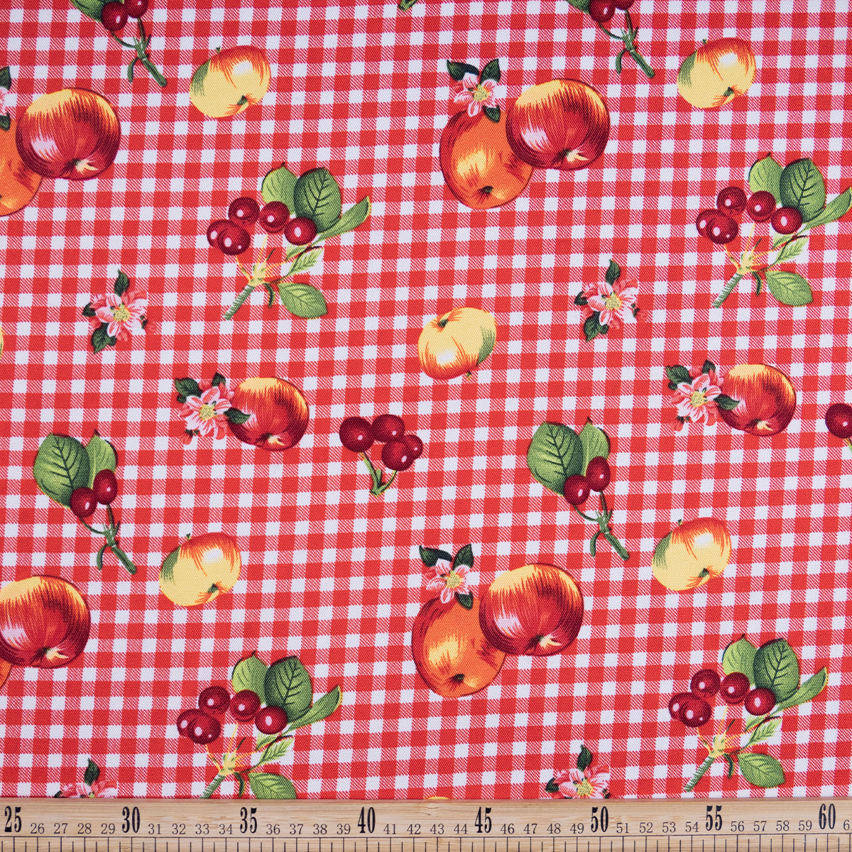 MANTELERIA ESTAMPADA ROJO CARMESI CUADRILLÉ CON FRUTAS