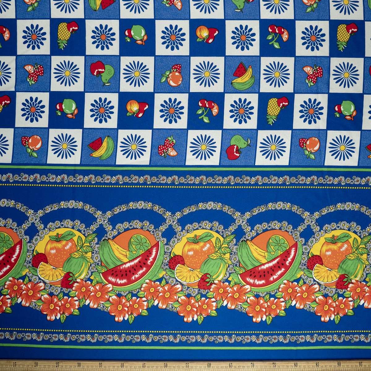 MANTELERIA ESTAMPADA AZUL SURF FRUTAS Y FLORES