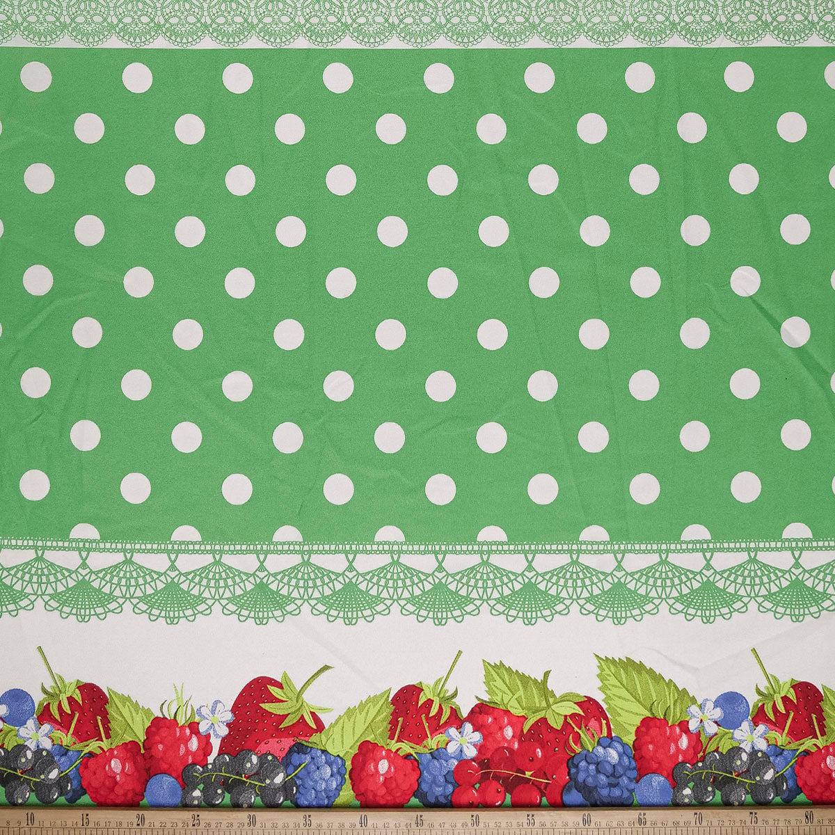 MANTELERIA ESTAMPADA VERDE FRIJOL FRUTAS Y MOTAS