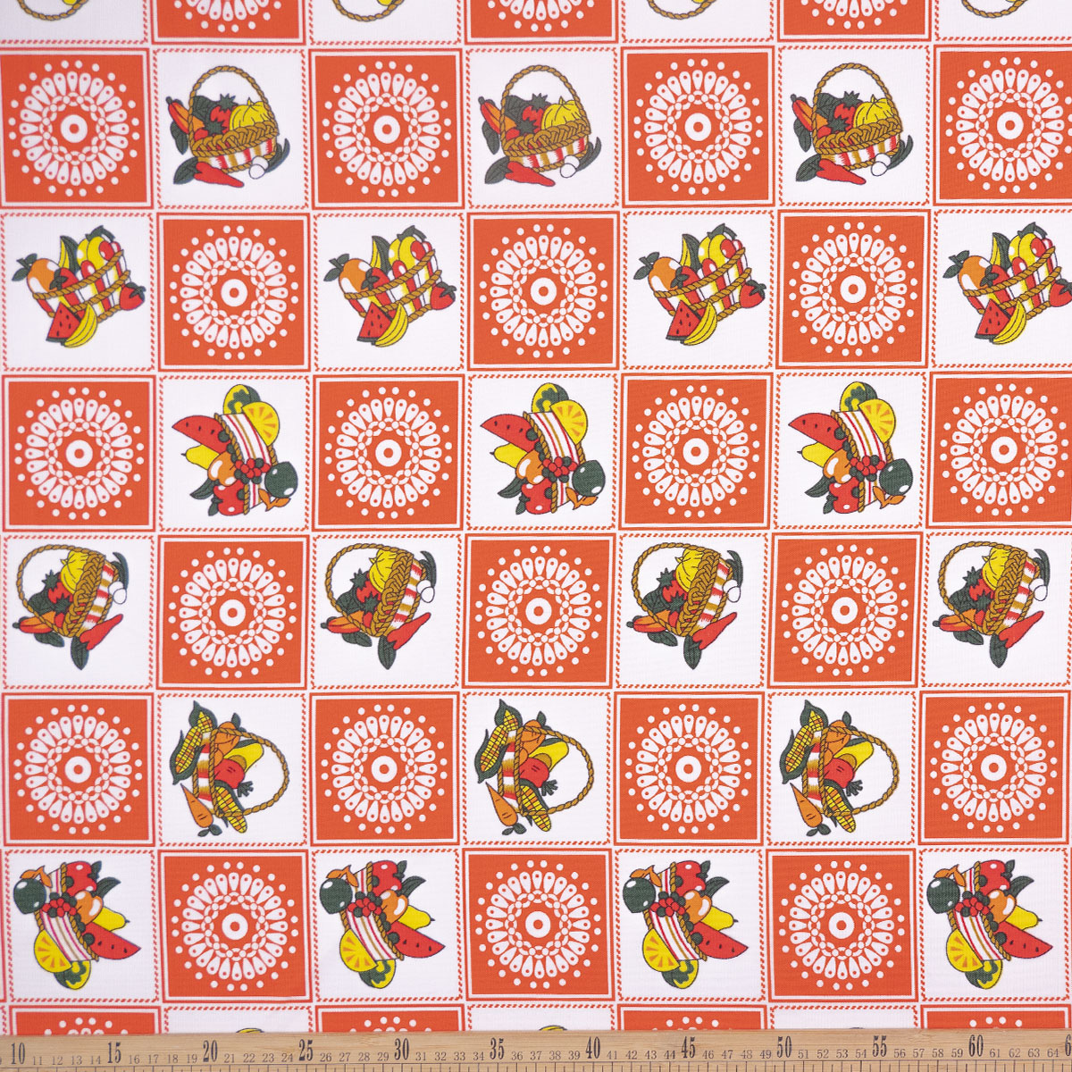 MANTELERIA ESTAMPADO NARANJA CUADROS Y FRUTAS