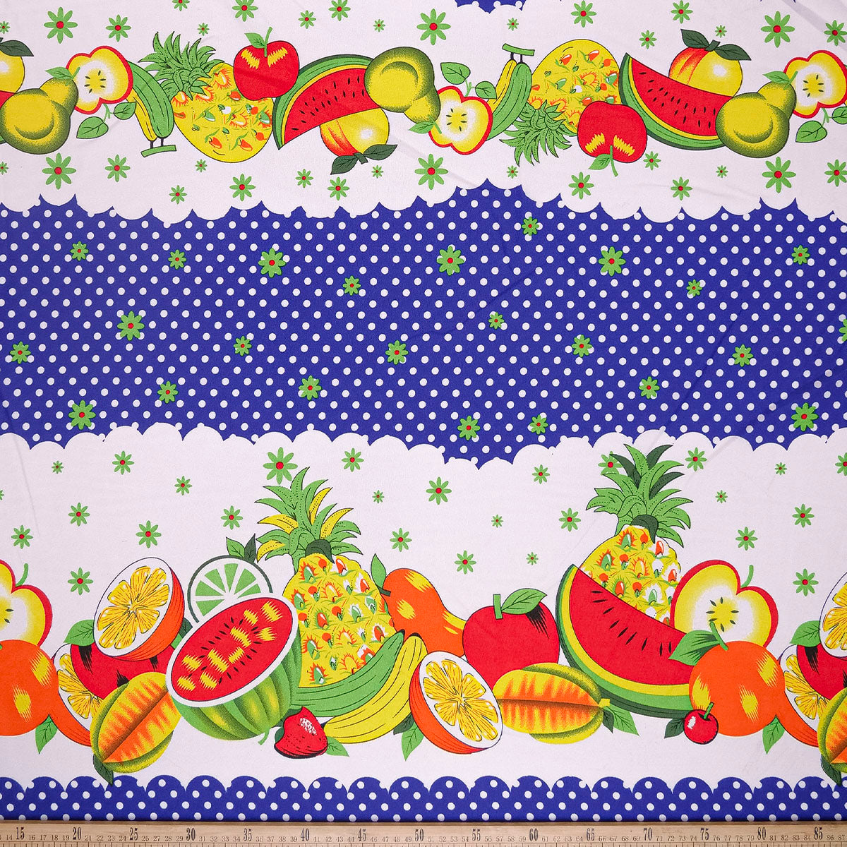 MANTELERIA ESTAMPADA AZUL OLIMPIA CON FRUTAS Y MOTAS