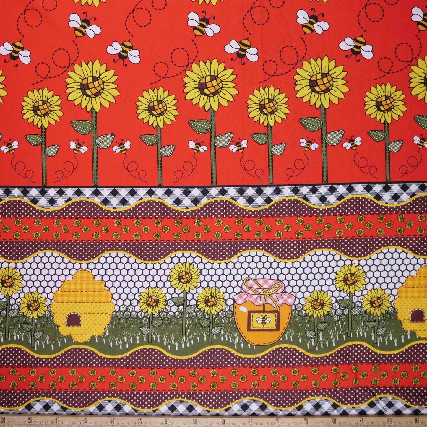 MANTELERIA ESTAMPADO ROJO CARMESI GIRASOLES, ABEJAS, PANAL Y MIEL