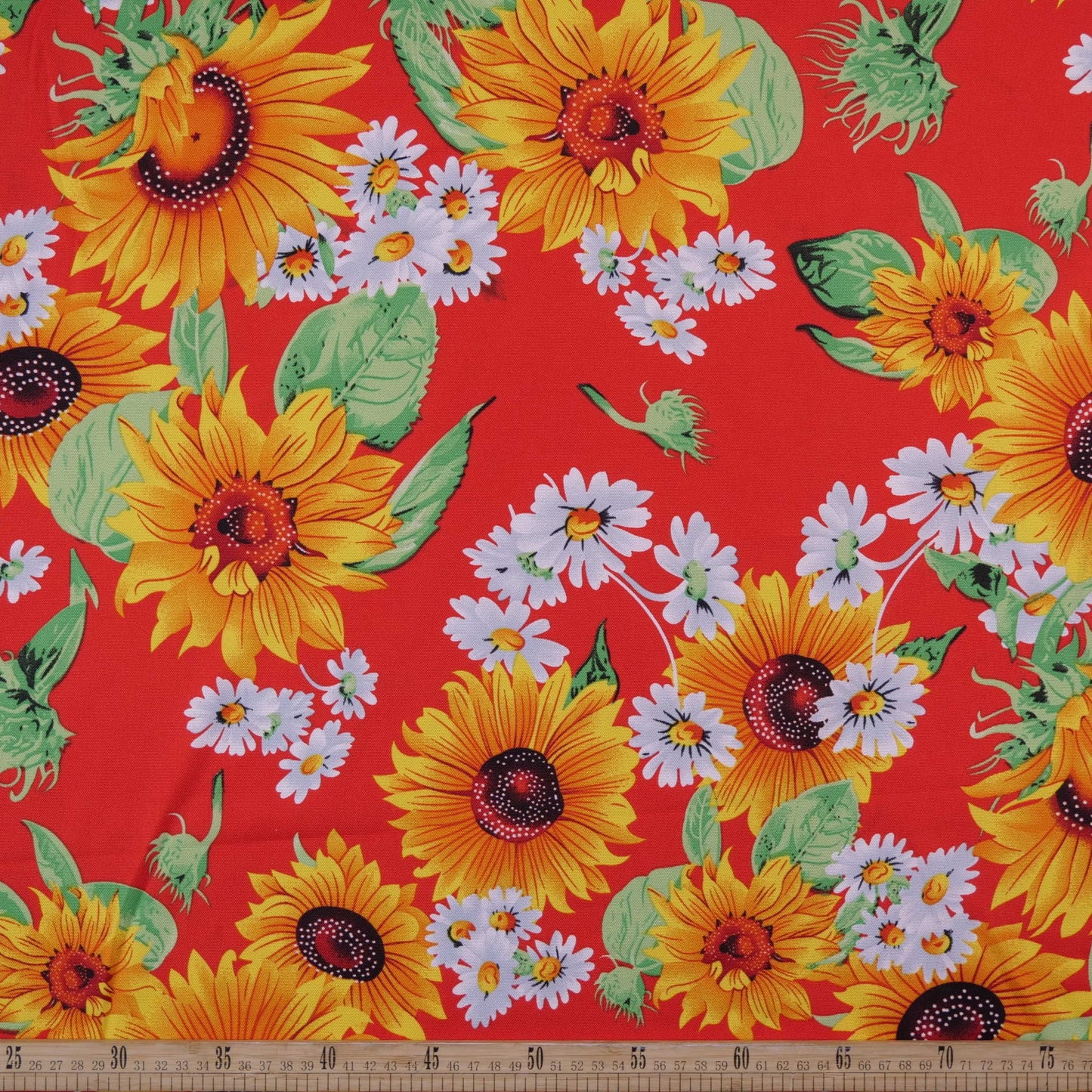 MANTELERIA ESTAMPADO ROJO CARMESI CON GIRASOLES Y MARGARITAS