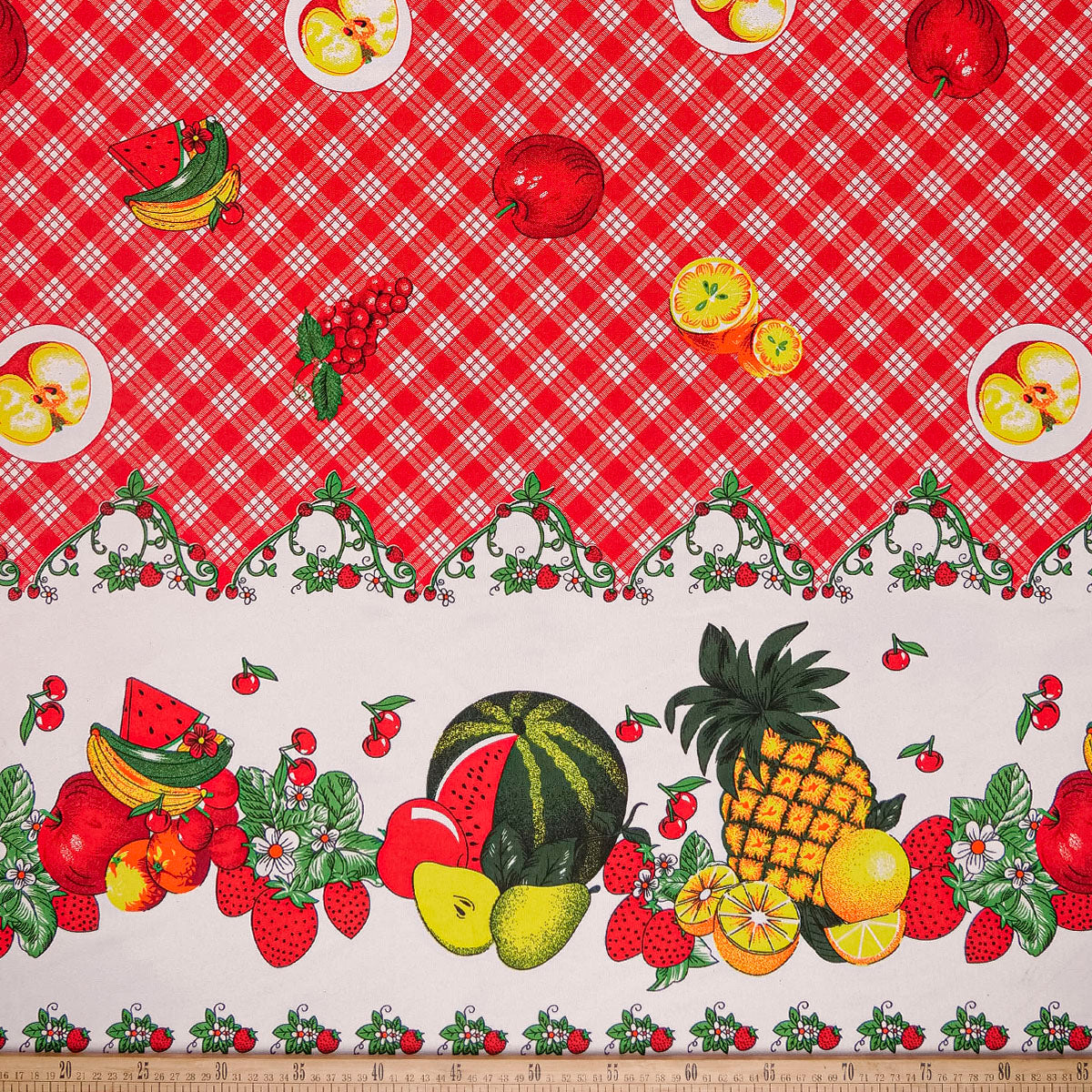 MANTELERIA ESTAMPADA ROJO CARMESI CUADRILLE Y FRUTAS