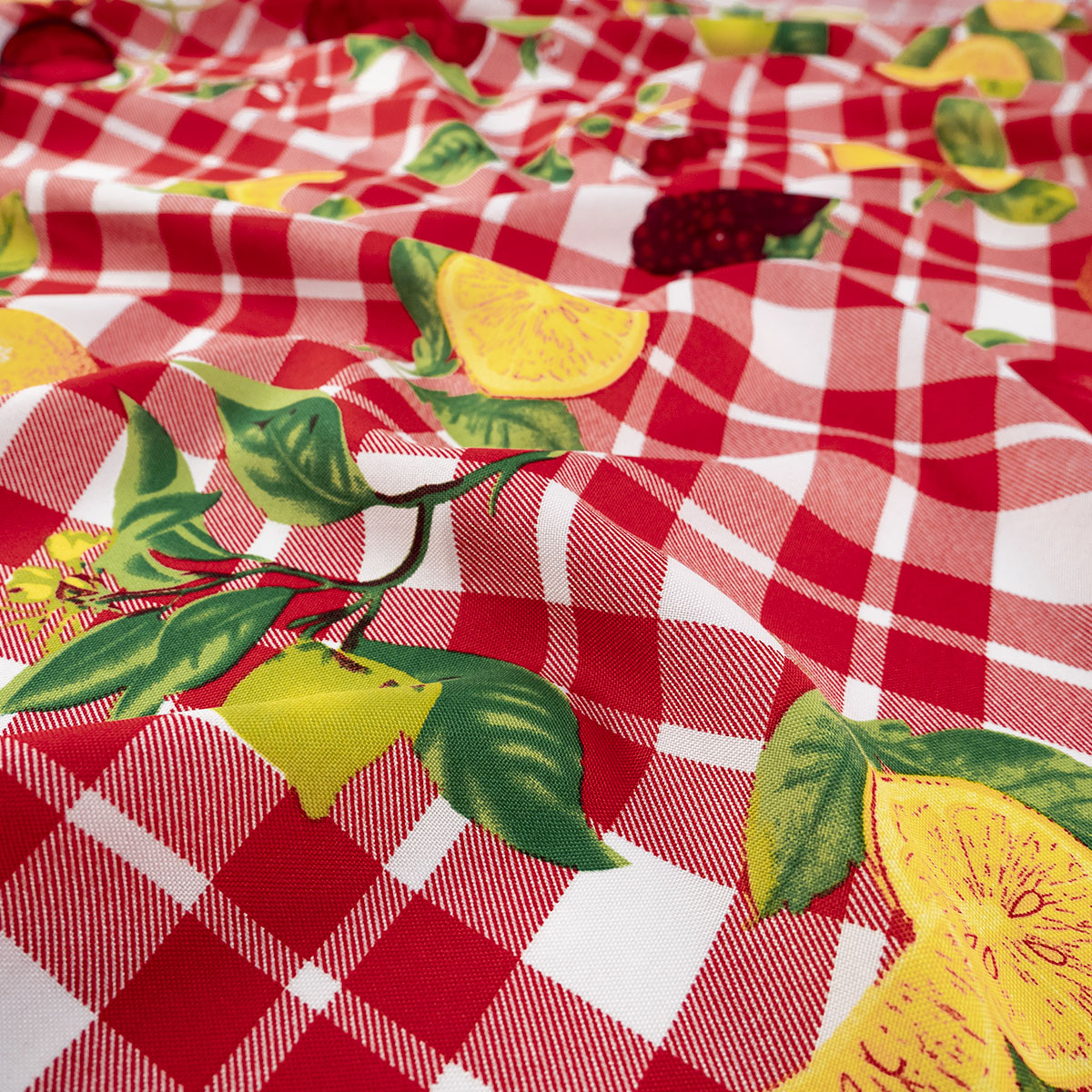 MANTELERIA ESTAMPADA ROJO CARMESI CUADRILLE CON FRUTAS