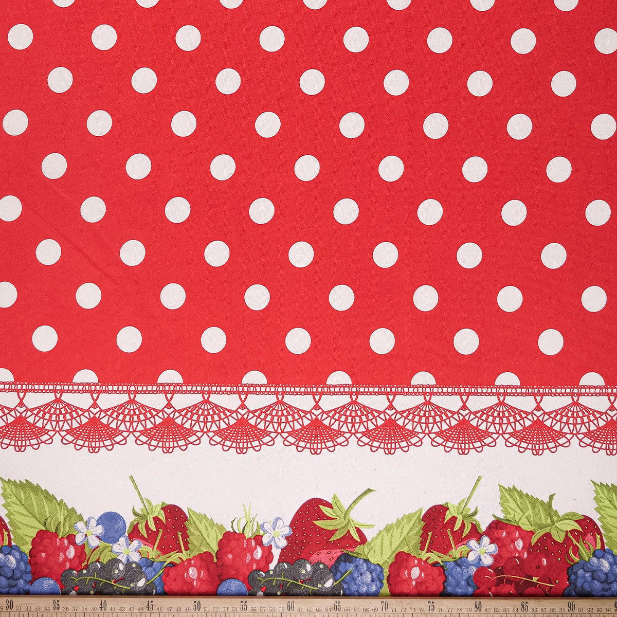 MANTELERIA ESTAMPADA ROJO CARMESI FRUTAS Y MOTAS