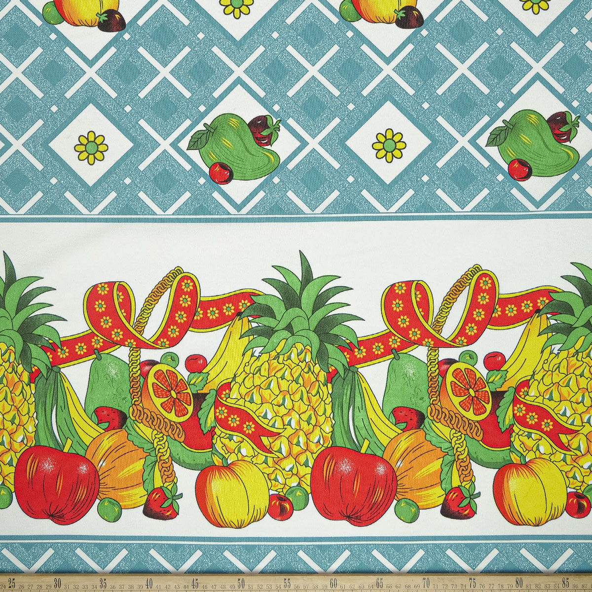 MANTELERIA ESTAMPADA VERDE CERAMICA FRUTAL CON GUARDAS