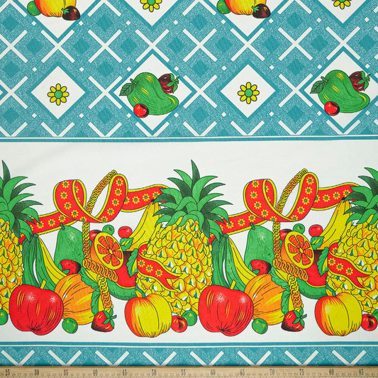 MANTELERIA ESTAMPADA VERDE CERAMICA FRUTAL CON GUARDAS