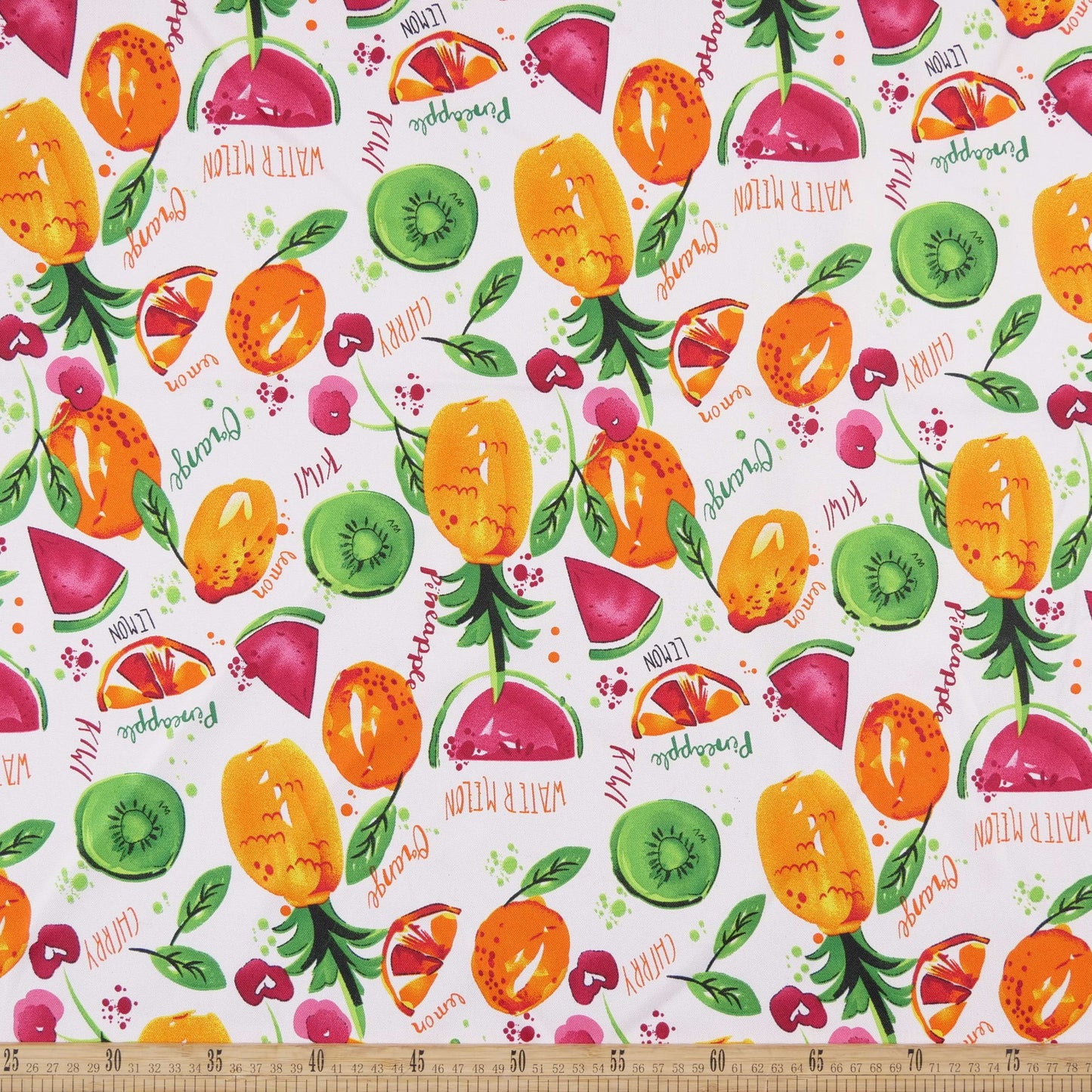 MANTELERIA ESTAMPADO BLANCO BRILLANTE FRUTAS TROPICALES