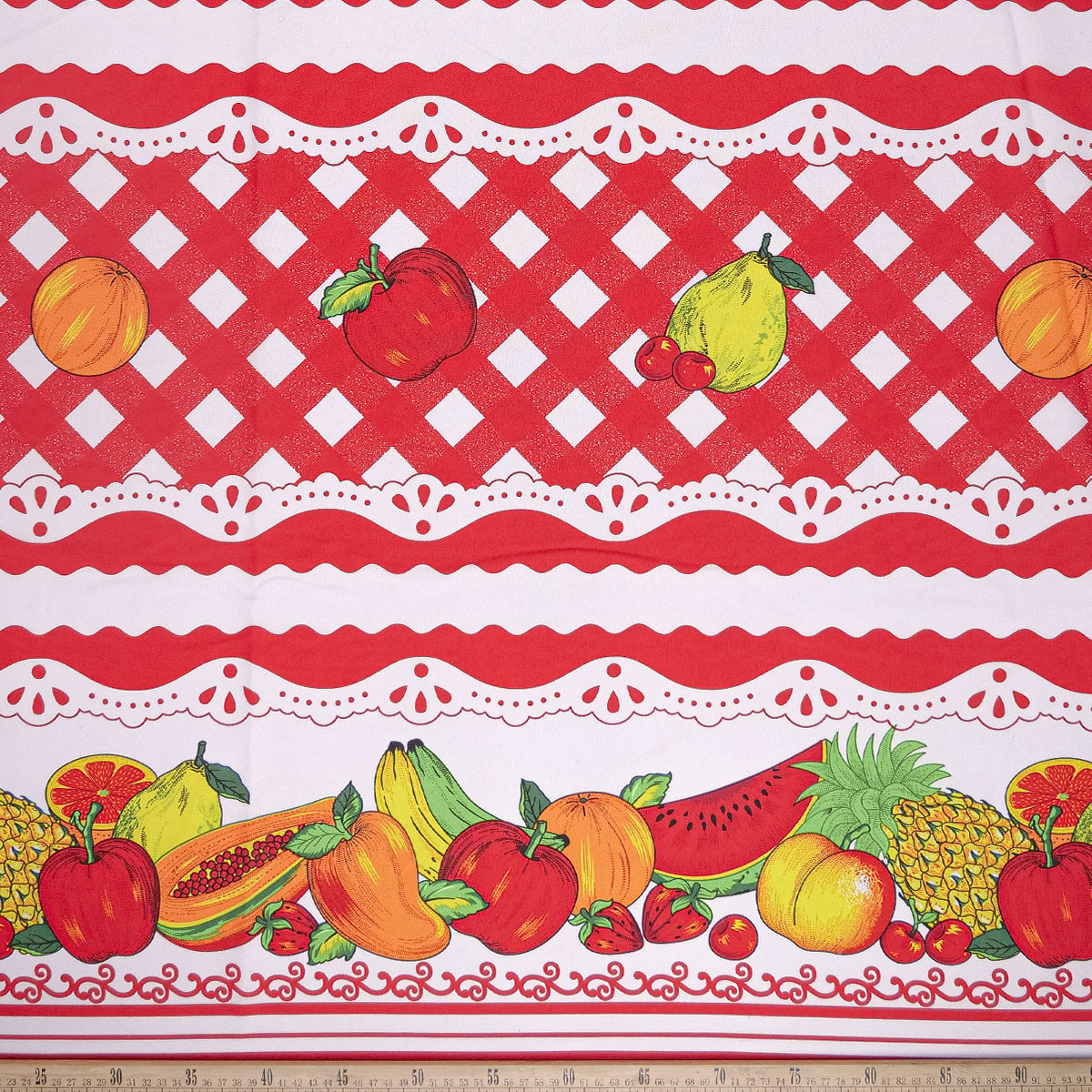 MANTELERIA ESTAMPADA ROJO CARMESI DISEÑO FRUTAL
