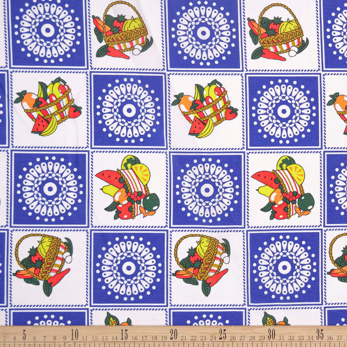 MANTELERIA ESTAMPADA AZUL OLIMPIA CUADROS Y FRUTAS