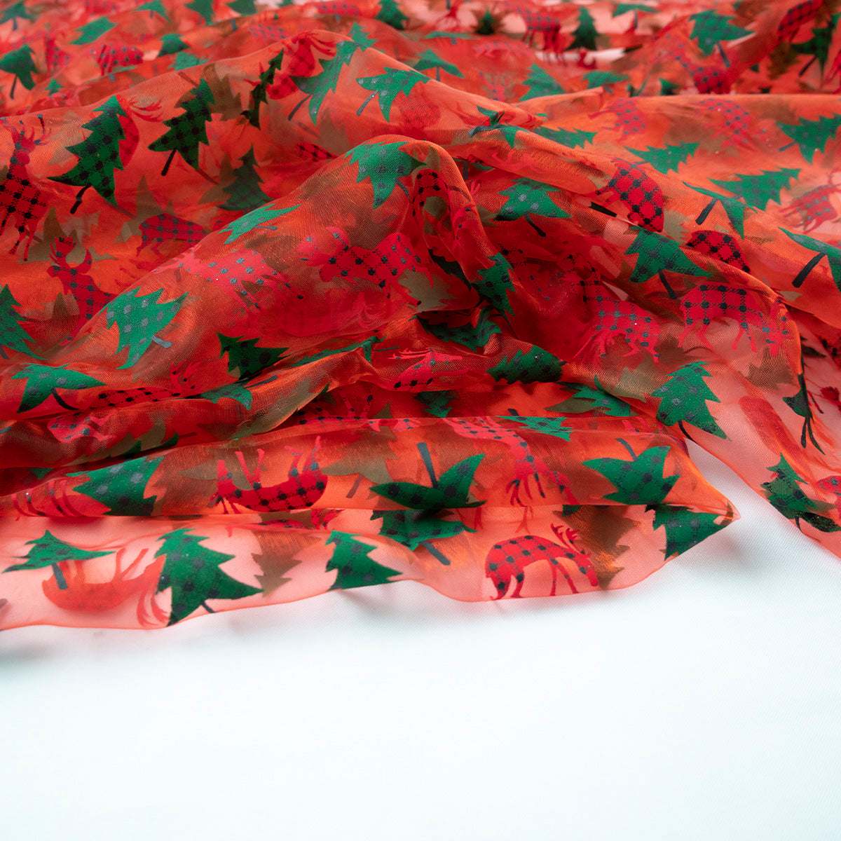 ORGANZA NAVIDAD ROJO CARMESI ARBOL DE PINO Y RENO