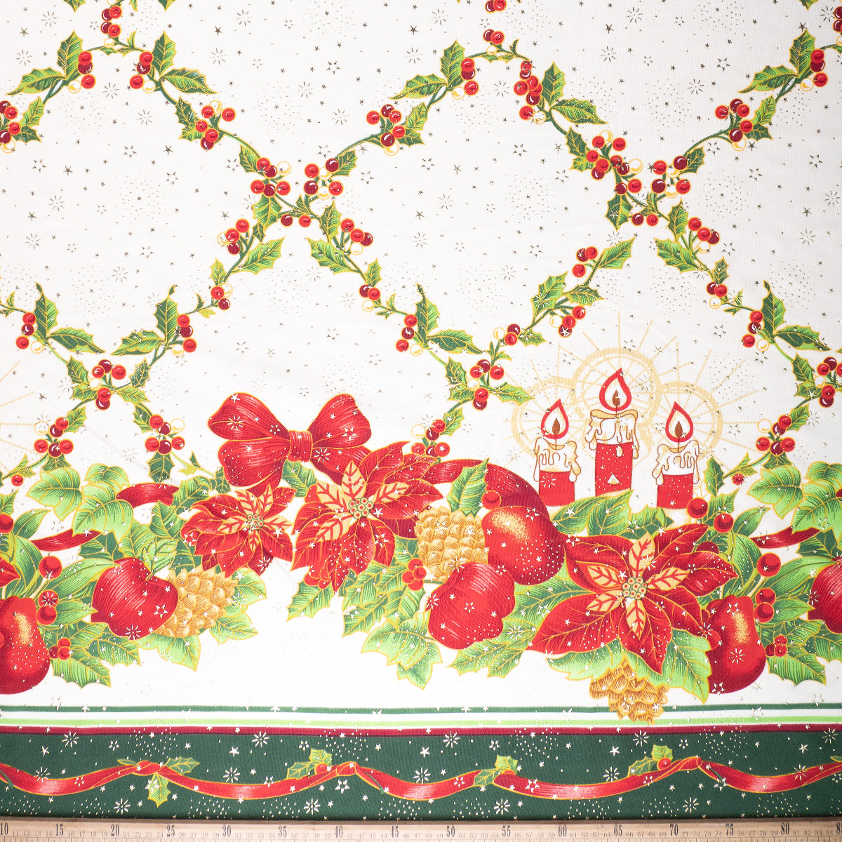MANTELERIA NAVIDAD ESTRELLITAS VERDE VERDANT CON VELAS Y FLORES