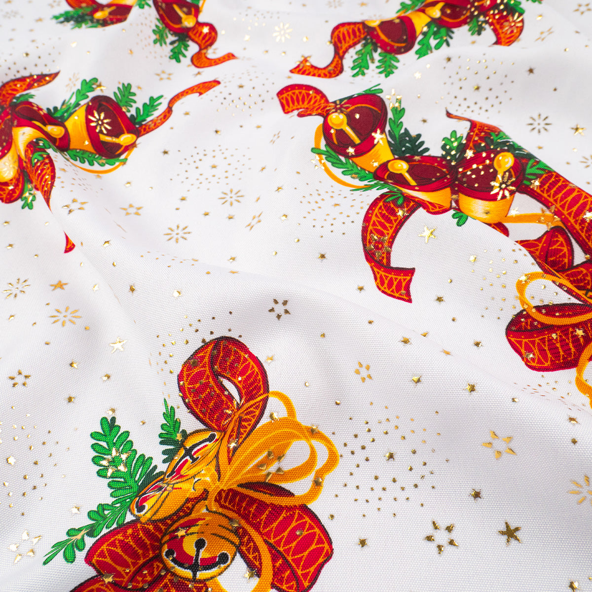 MANTELERIA NAVIDAD ESTRELLITAS BLANCO BRILLANTE CON CAMPANAS