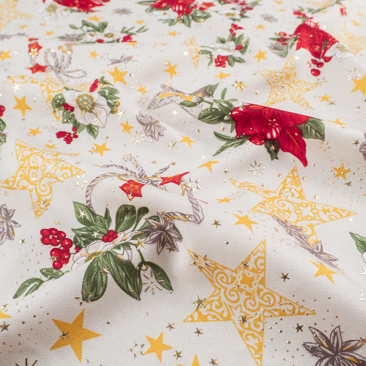 MANTELERIA NAVIDAD ESTRELLITAS BLANCO PAPIRO FLORES Y ESTRELLAS