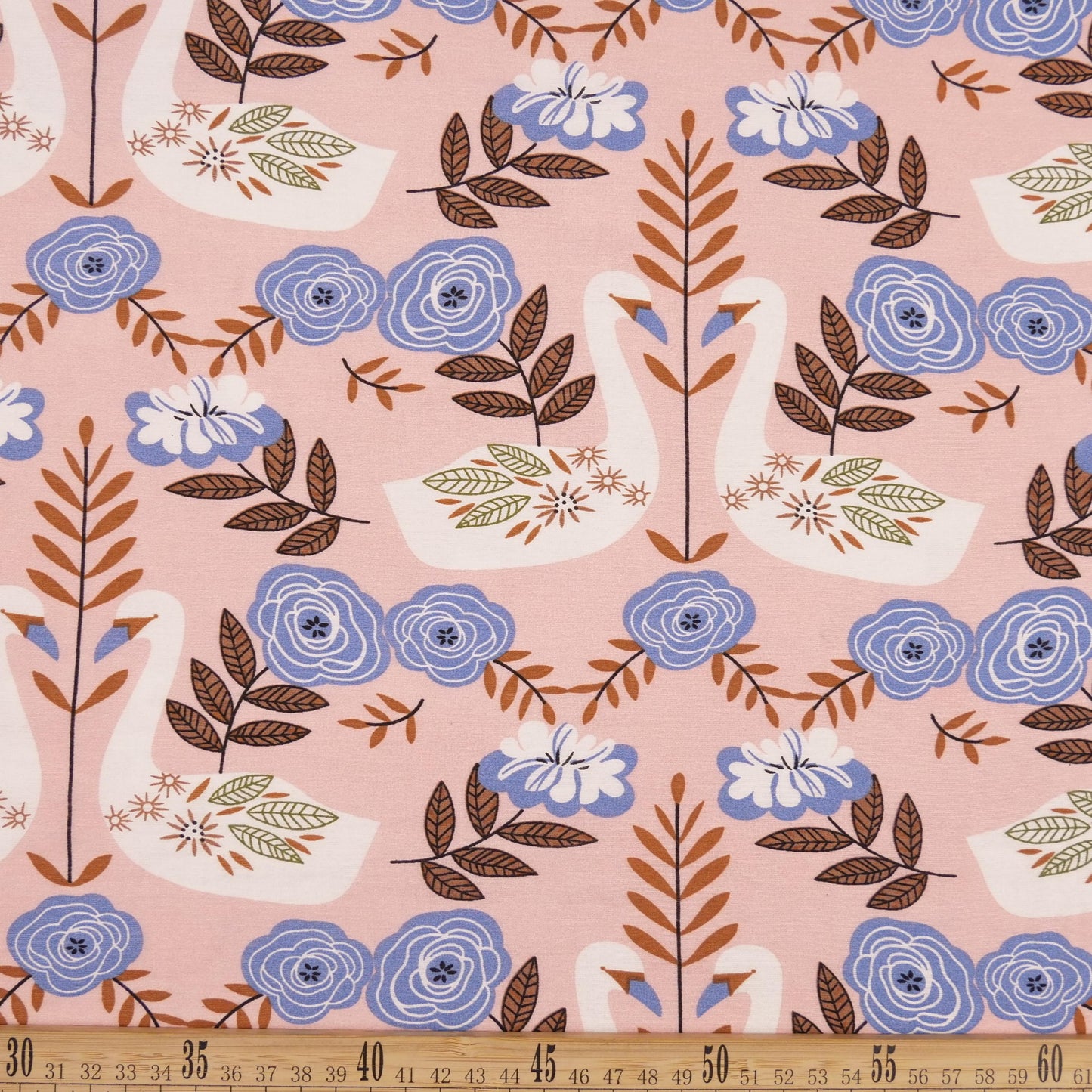 FIBRANA NYLON ESTAMPADO ROSA DURAZNO CISNES BLANCO CON FLORES AMARILLAS