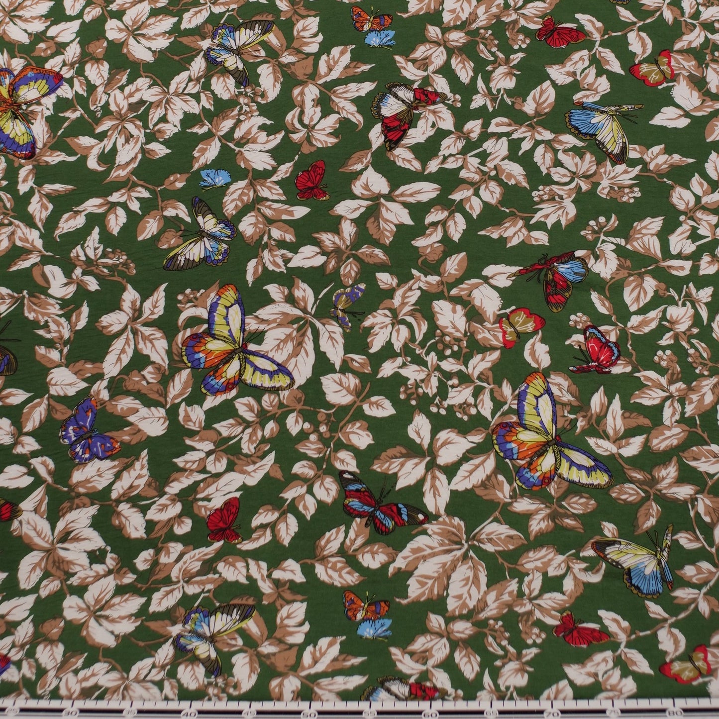 FIBRANA NYLON ESTAMPADO VERDE VERDANT CON HOJAS Y MARIPOSAS DE COLORES