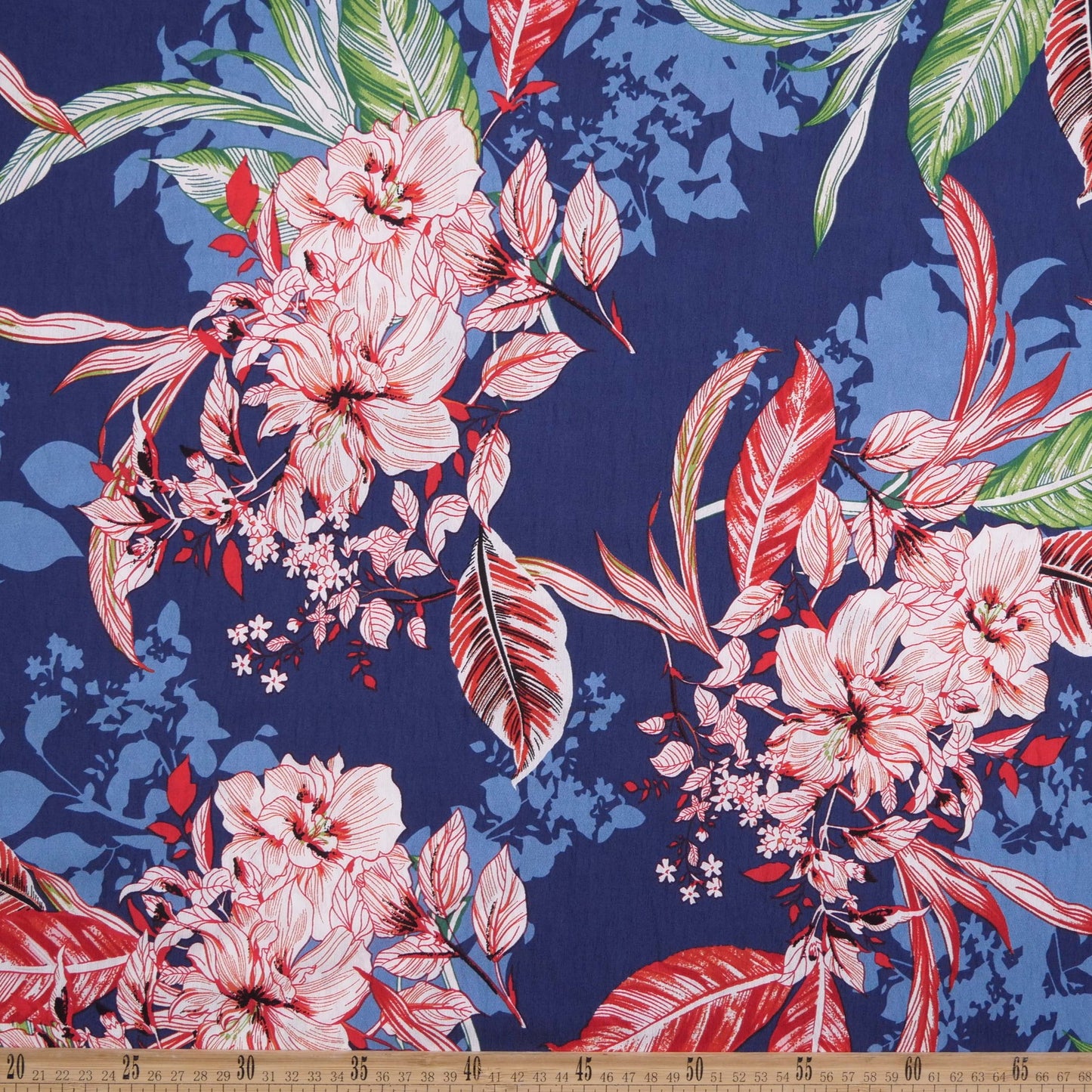 FIBRANA NYLON ESTAMPADO AZUL MEDIEVAL HOJAS Y FLORES ROSAS