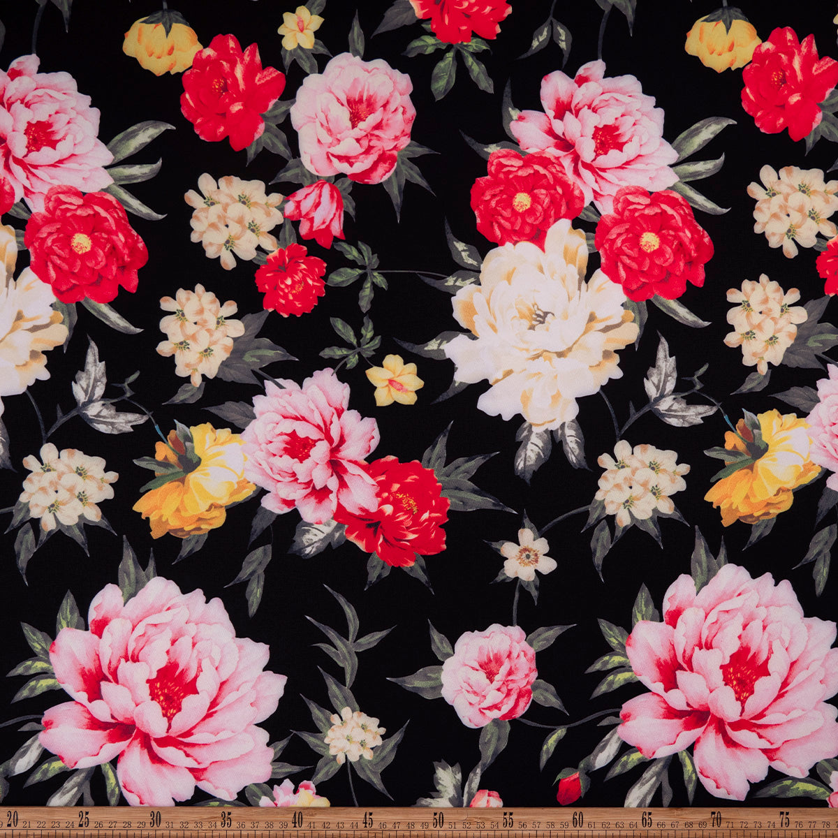 TWILL STRETCH LIGHT ESTAMPADO NEGRO METEORITO FLORES COLORIDAS