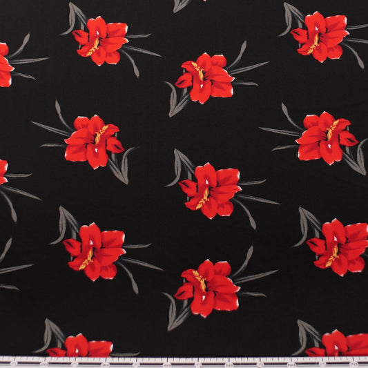 CREPE BOUCLE ESTAMPADO NEGRO METEORITO FLORES ROJAS