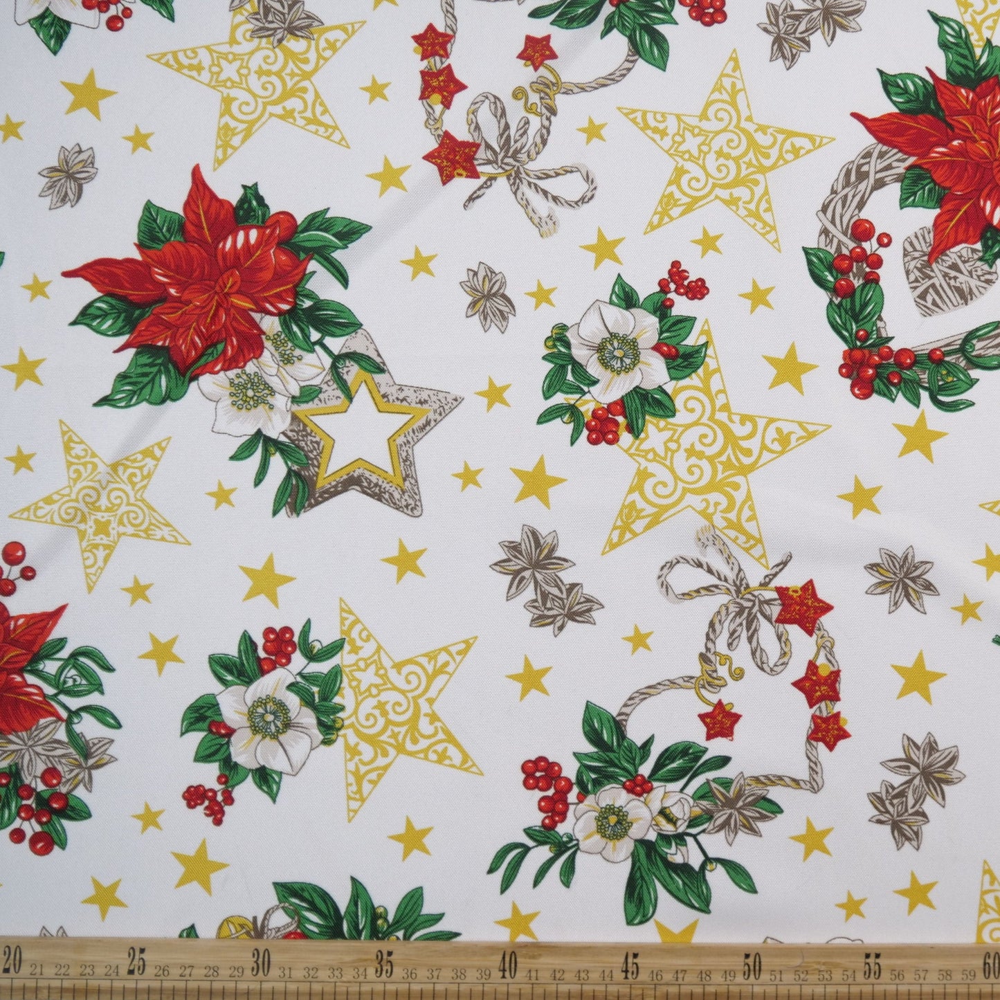 MANTELERIA NAVIDAD BLANCO BRILLANTE FLORES ROJAS Y ESTRELLAS