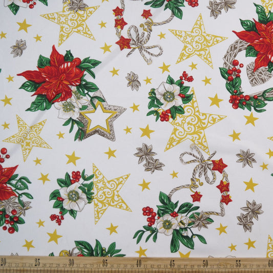MANTELERIA NAVIDAD BLANCO BRILLANTE FLORES ROJAS Y ESTRELLAS