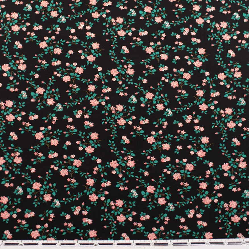 CREPE CEY ESTAMPADO NEGRO METEORITO FLORAL ROSA CON HOJAS