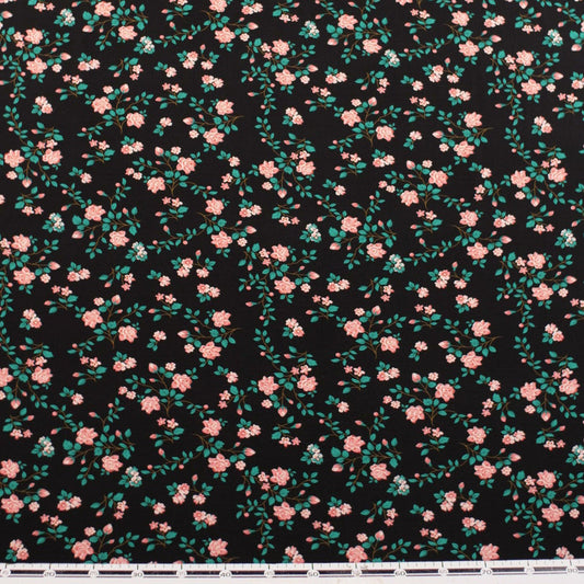 CREPE CEY ESTAMPADO NEGRO METEORITO FLORAL ROSA CON HOJAS