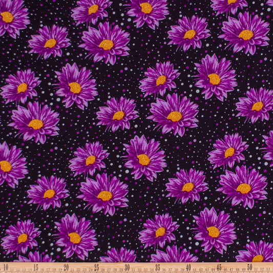CREPE BOUCLE ESTAMPADO NEGRO METEORITO FLORES VIOLETA