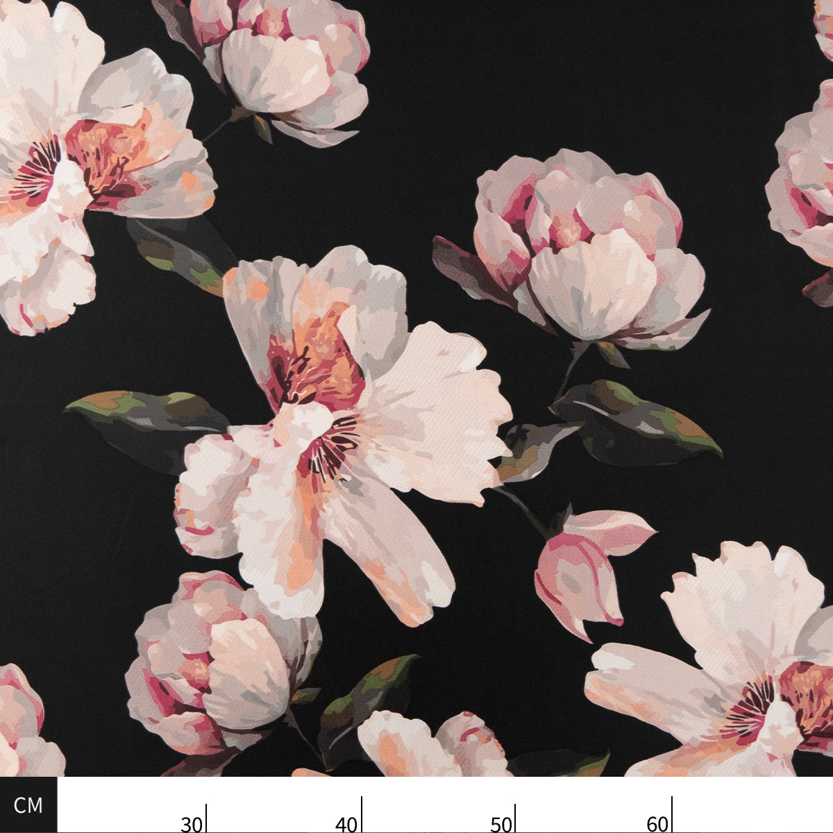 GASA SATINADA ESTAMPADA NEGRO METEORITO CON FLORES GRANDES