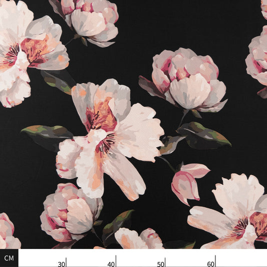 GASA SATINADA ESTAMPADA NEGRO METEORITO CON FLORES GRANDES