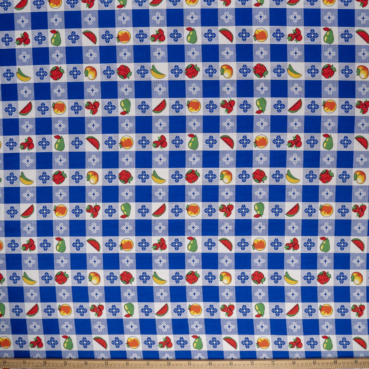 MANTELERIA ESTAMPADA AZUL OLIMPIA CUADRITOS Y FRUTAS